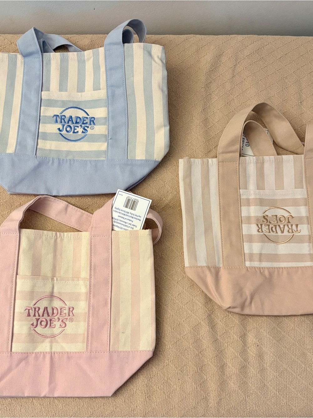 Trader Joe's Striped Canvas Tote — Pastel Pink, Blue, and Beige